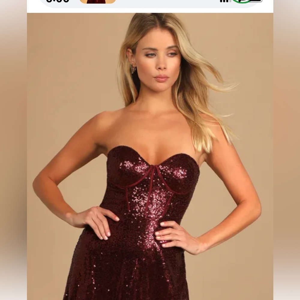 Lulus Wine Red Sequin Strapless Bustier Midi Dress - Picture 2 of 3